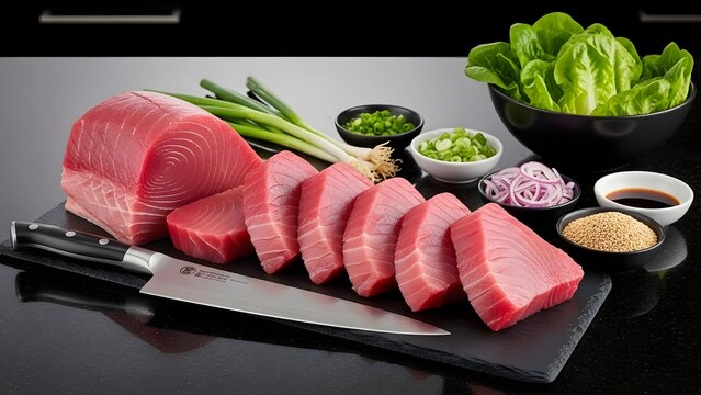 Premium raw tuna sashimi grade steaks expertly sliced on dark slate with sharp chef knife ready for sushi preparation accompanied by fresh scallions and lettuce.