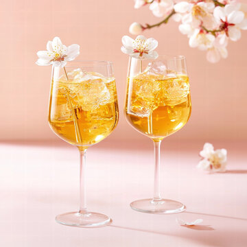 Spring cocktail floral drink iced beverage wine glass golden liquid pastel background blossom flower romantic mood Refreshing spring cocktail with
