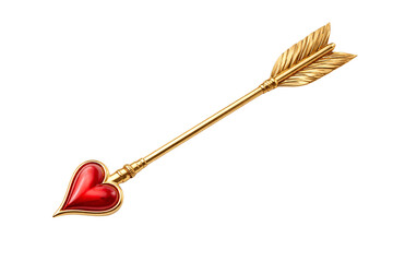 Golden arrow with heart-shaped tip on transparent background. Cupid love symbol.