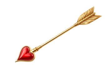 Golden arrow with heart-shaped tip on transparent background. Cupid love symbol.