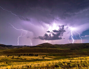 Witness the raw power of nature as multiple lightning bolts strike rolling hills under a dramatic purple sky. Perfect for conveying energy, weather extremes, and atmospheric beauty.