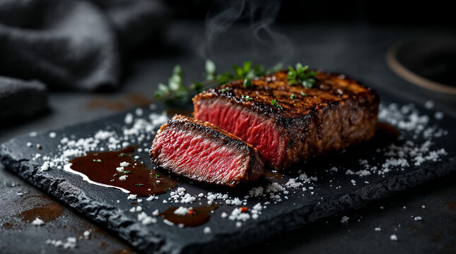 Plated dry-aged wagyu ribeye with medium-rare slices and moody steakhouse light