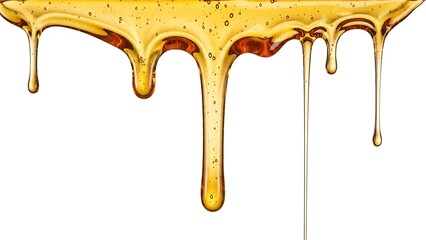 Close-up of dripping golden liquid with individual drops, translucent and isolated on white