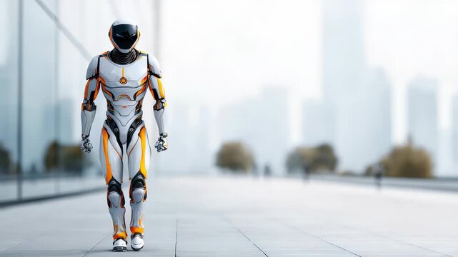 A high tech humanoid robot strides through a contemporary cityscape, symbolizing innovation and the future of artificial intelligence. The scene captures progress and technological evolution