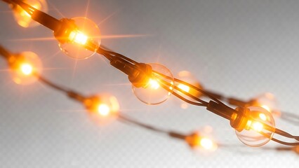 Close-up of glowing string lights. Each bulb is a brilliant orb against a translucent backdrop