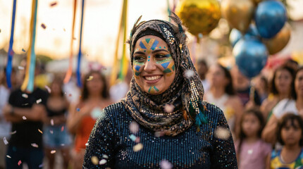 Woman with colorful face paint, wearing sparkly blue top and patterned headscarf, smiling at outdoor festival with balloons and confetti.