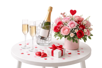 Romantic Valentine’s Day table with champagne and flowers on transparent background. Love celebration.