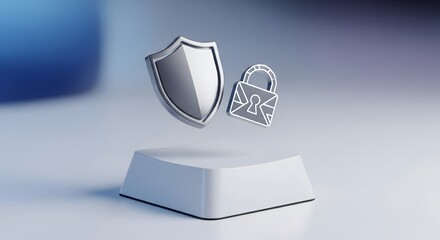 Metallic shield and padlock icons float above a white computer keycap in a 3D rendering symbolizing internet security, privacy, and data protection.