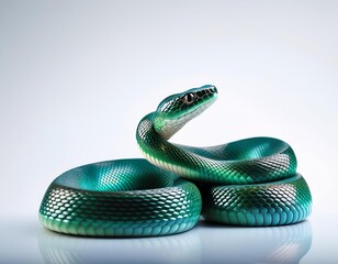 A vibrant green tree python with detailed scales and a dangerous eye is isolated on a white background, showcasing the wild nature of this exotic serpent reptile