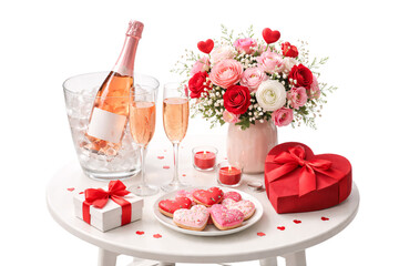 Valentine&rsquo;s Day champagne, flowers and sweets on transparent background. Romantic gift set. Love and celebration.