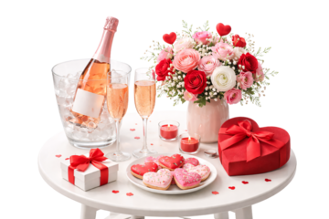 Valentine’s Day champagne, flowers and sweets on transparent background. Romantic gift set. Love and celebration.