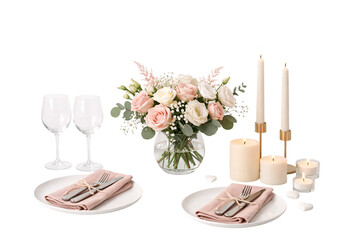 Elegant Valentine&rsquo;s Day table decoration with flowers and candles on transparent background. Romantic interior setup. Love concept.