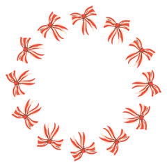 Round vector frame made of red satin bows. Bow frame design. Vector illustration. Decorative cute template