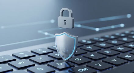 Cybersecurity concept: 3D rendered metallic shield and padlock floating above a glowing computer keyboard.