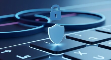 Digital shield and unlocked padlock icons floating above a futuristic keyboard symbolizing open network security, data protection, and vulnerability.