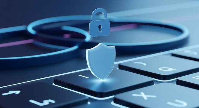 Digital shield and unlocked padlock icons floating above a futuristic keyboard symbolizing open network security, data protection, and vulnerability.
