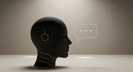 3D rendering of a black stylized robotic head with a glowing chat bubble icon, symbolizing artificial intelligence, communication, and deep learning on a dark studio background.