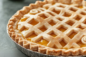 Fresh apple pie lattice crust dessert closeup, homemade pastry in baking tin, warm rustic comfort food