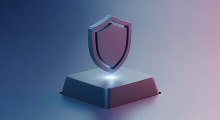 3D render of a futuristic metallic shield icon floating above a glowing keyboard key, symbolizing digital security and data protection.