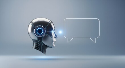 Futuristic metallic robot head communicating with a blank speech bubble, symbolizing artificial intelligence and chatbot technology on a modern blue background.