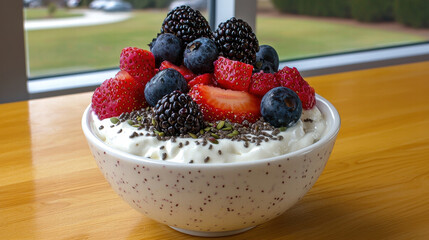 Berry yogurt bowl fresh strawberry blueberry blackberry chia seed healthy breakfast wooden table natural light delicious snack berry yogurt bowl