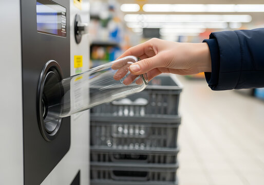 Glass bottle return machine in store for recycling deposit and sustainable waste management