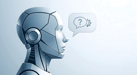 Robotic head profile contemplating a question mark and gear icon within a speech bubble, representing artificial intelligence and problem solving.