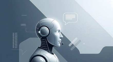 Futuristic Artificial Intelligence robot with headset and speech bubble concept for digital customer support and virtual assistance.