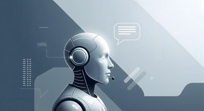 Futuristic Artificial Intelligence robot with headset and speech bubble concept for digital customer support and virtual assistance.