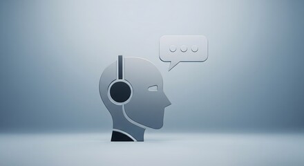 3D render of a futuristic AI head icon with a headset and speech bubble, representing virtual customer support, communication, and digital technology.