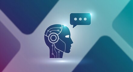 AI chatbot head profile illustration with circuit board pattern and speech bubble, representing artificial intelligence and modern technology.