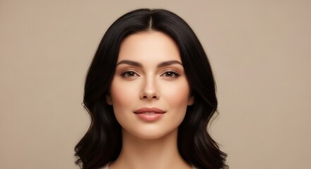 Beautiful woman with dark hair and captivating eyes, perfect makeup, studio portrait.