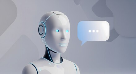 Artificial intelligence chatbot concept with speech bubble on a modern gray background.