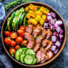 Healthy salad bowl grilled meat fresh vegetable avocado tomato cucumber onion pumpkin colorful lunch