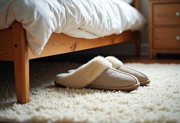 There is a pair of comfortable slippers on the soft mat by the bed. The interior is bright.