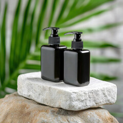 High resolution photograph natural look natural light natural skincare black pump bottle on stone block with tropical leaf background minimal style