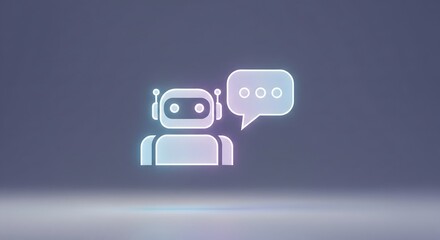 Glowing 3D illustration of a simple chatbot avatar icon with a speech bubble, representing AI support and conversation technology.