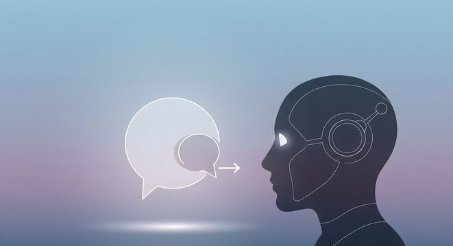 Artificial intelligence chatbot processing communication input concept illustration featuring a robot head silhouette and overlapping speech bubbles on a gradient background.