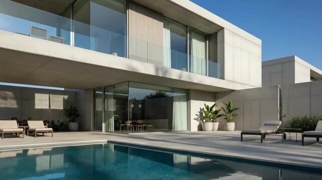 Modern architecture: luxurious poolside relaxation at sunny contemporary home