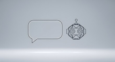 Geometric line art robot icon and empty speech bubble on a clean grey background, representing AI, Chatbot communication, digital assistance, and customer service.