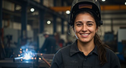 Female welder smiling in industrial workshop
