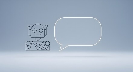 Artificial intelligence chatbot robot line icon with blank speech bubble on a clean blue background, providing copy space for text.