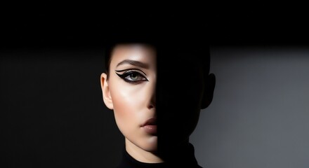 Dramatic Portrait of a Woman with Bold Makeup, Half-Lit Face, Dark Background.
