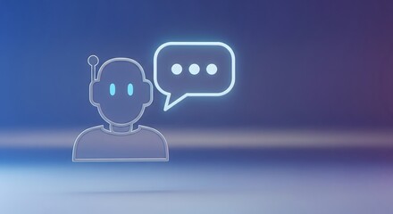 3D render of a futuristic AI assistant bot icon talking via a glowing speech bubble on a blue background with extensive copy space, symbolizing advanced digital customer support.