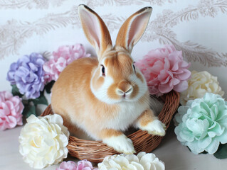 Cute rabbit flower pastel basket spring fluffy bunny wicker nest soft adorable pet animal gentle charm floral decoration home interior light cozy
