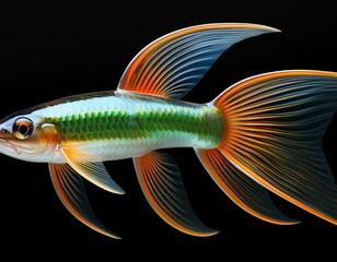 hillstream loach with iridescent green and orange fins transparent