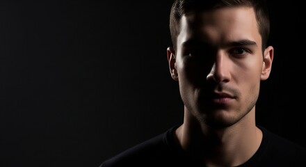 Dramatic portrait of a young man with intense gaze and shadowed face against a dark background.