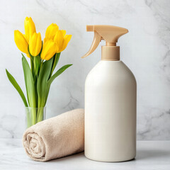 Cleaning spray bottle beige towel yellow tulip bathroom decor marble background minimal style natural light home cleaning fresh interior spa