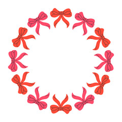 Round vector frame made of red satin bows. Bow frame design. Vector illustration. Decorative cute template