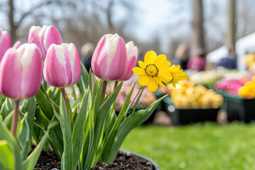 Pink tulip white tulip yellow flower spring garden flower market outdoor green leaf natural light blossom potted plant Pink tulip white tulip